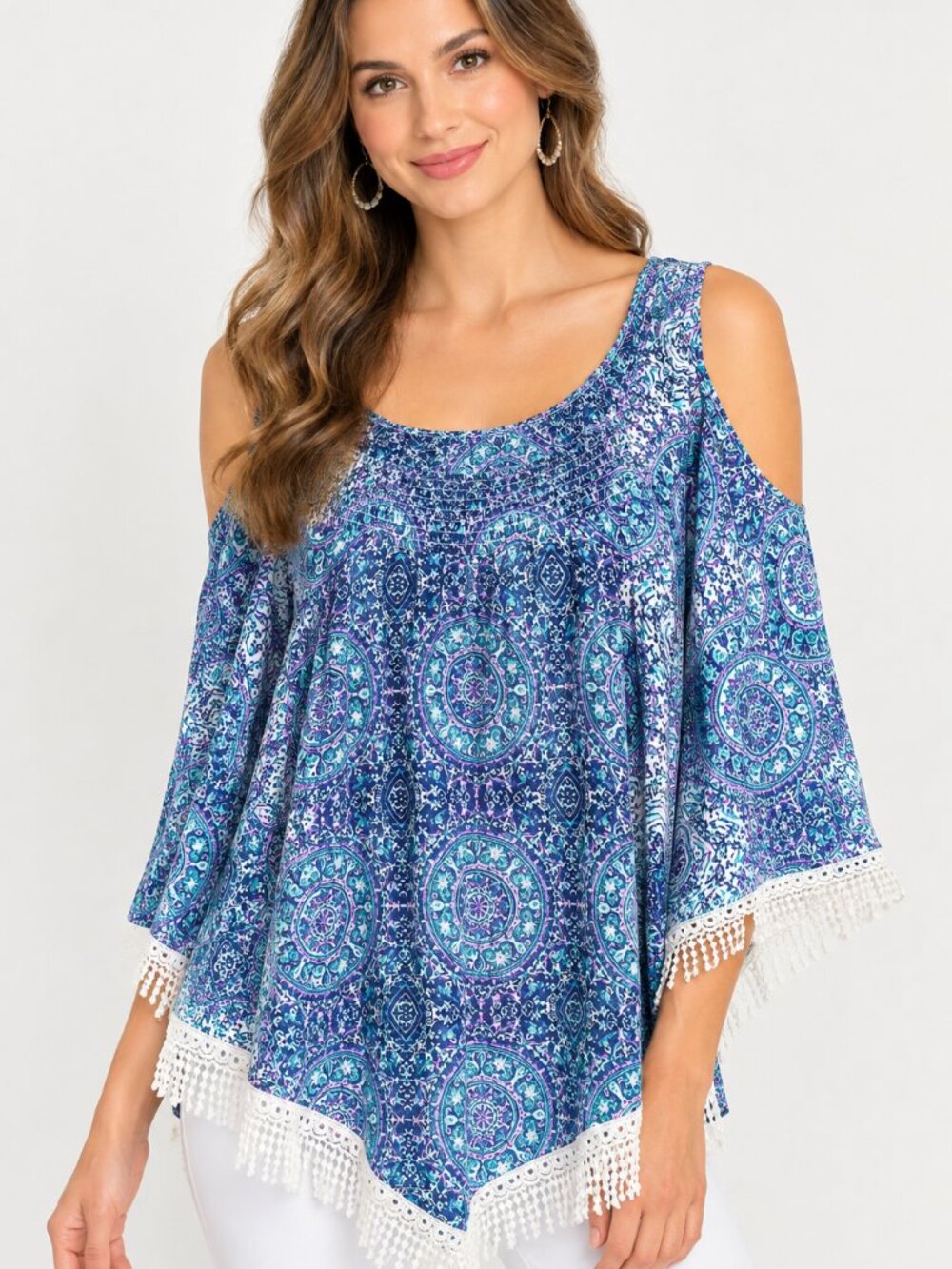 Cato Blue Teal Purple Paisley Cold-Shoulder Tunic with Crochet Trim Size Large